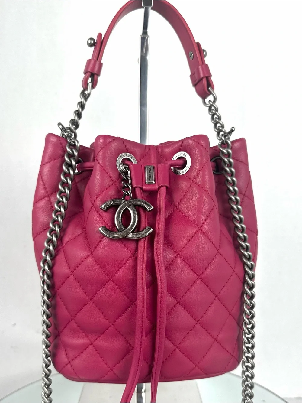 CHANEL Drawstring Bucket Bag – Pink Lambskin Quilted Leather Ruthenium Hardware